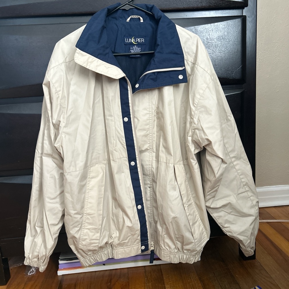 Cream and blue bomber jacket